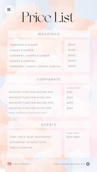 the price list for a wedding